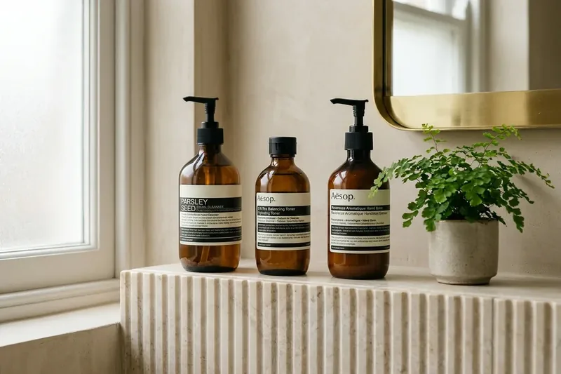 Aesop Parsley Seed and Balancing Toner in dark amber glass pump bottles on fluted marble bathroom ledge