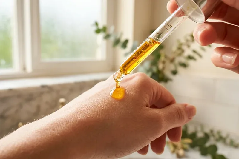 Pipette dropper releasing concentrated golden drop of Aesop Parsley Seed Anti-Oxidant Serum on hand