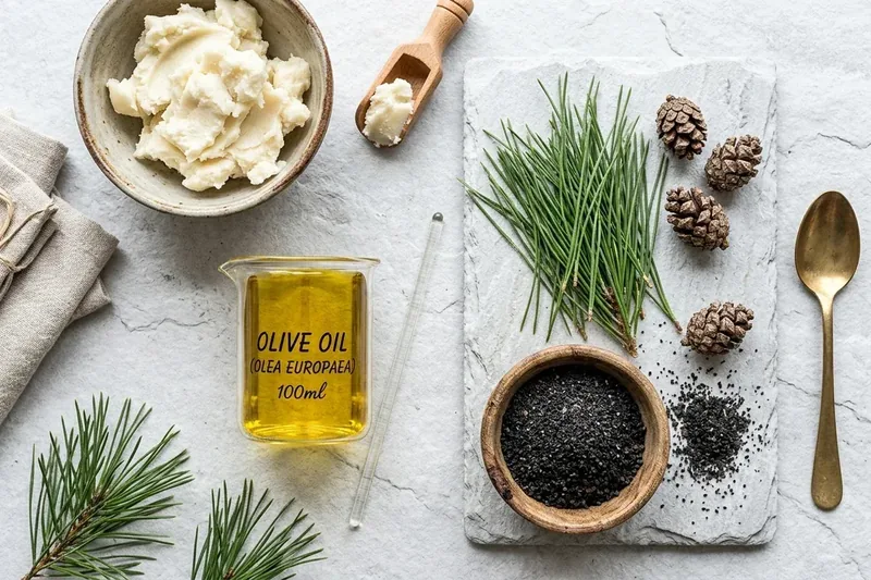 Overhead flatlay composition of natural cold-process soapmaking ingredients including raw shea butter, pine needles, volcanic sand, and golden olive oil
