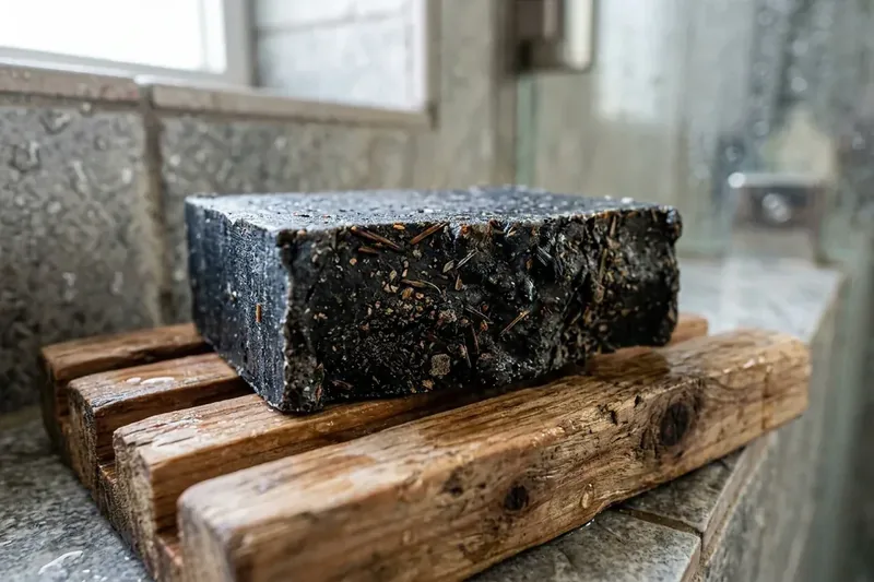 Dr. Squatch Pine Tar cold process natural soap bar on slatted cedar wood dish showing gritty exfoliating texture