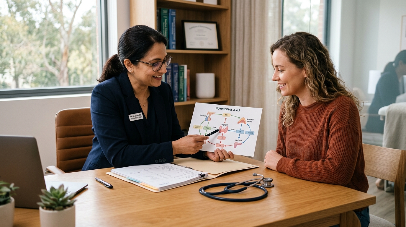 Physician reviewing hormone pathway charts with female patient in modern clinic