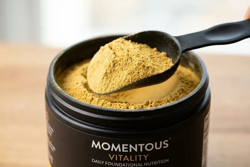 Macro scoop lifting micro-milled Momentous Vitality foundational nutrition powder showing ultra-fine texture