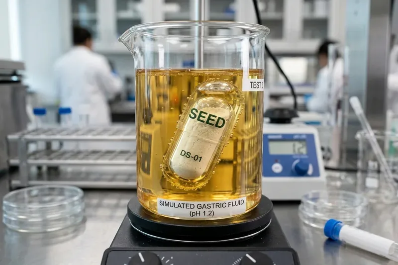Seed DS-01 viaCap dual-capsule dissolution model in simulated gastric fluid pH 1.2