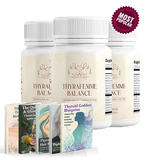 Three official ThyraFemme Balance bottles with the bonus eBook covers - the 3-bottle Most Popular pack