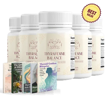 Six official ThyraFemme Balance bottles with the bonus eBook covers - the 6-bottle Best Value pack