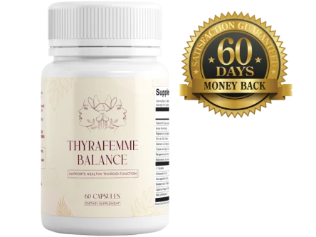 Official ThyraFemme Balance bottle beside the gold 60-day money-back guarantee seal on Digistore24