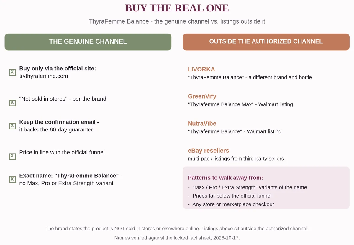 Checklist infographic: how to buy genuine ThyraFemme Balance on the official site and avoid knockoffs