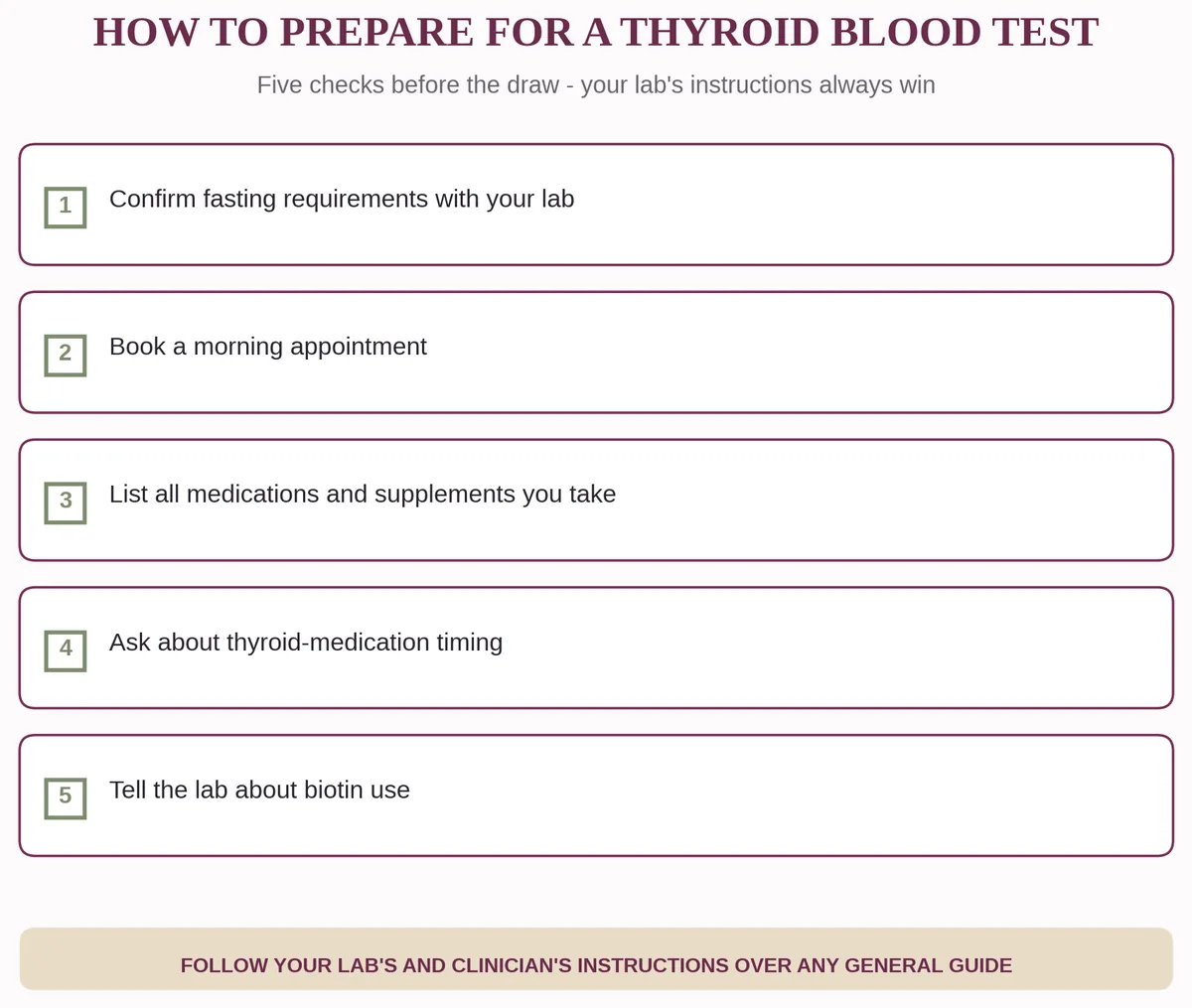 Checklist of five preparation steps before a thyroid blood draw, including biotin and timing notes